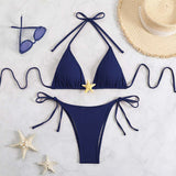 Ribbed Triangle String Bikini Set - L, Deep Lake Blue image