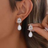 Leaf-Shaped Pearl Drop Earrings image 3
