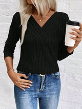 V-Neck Ribbed Sweater with Subtle Stripes - S, Black image