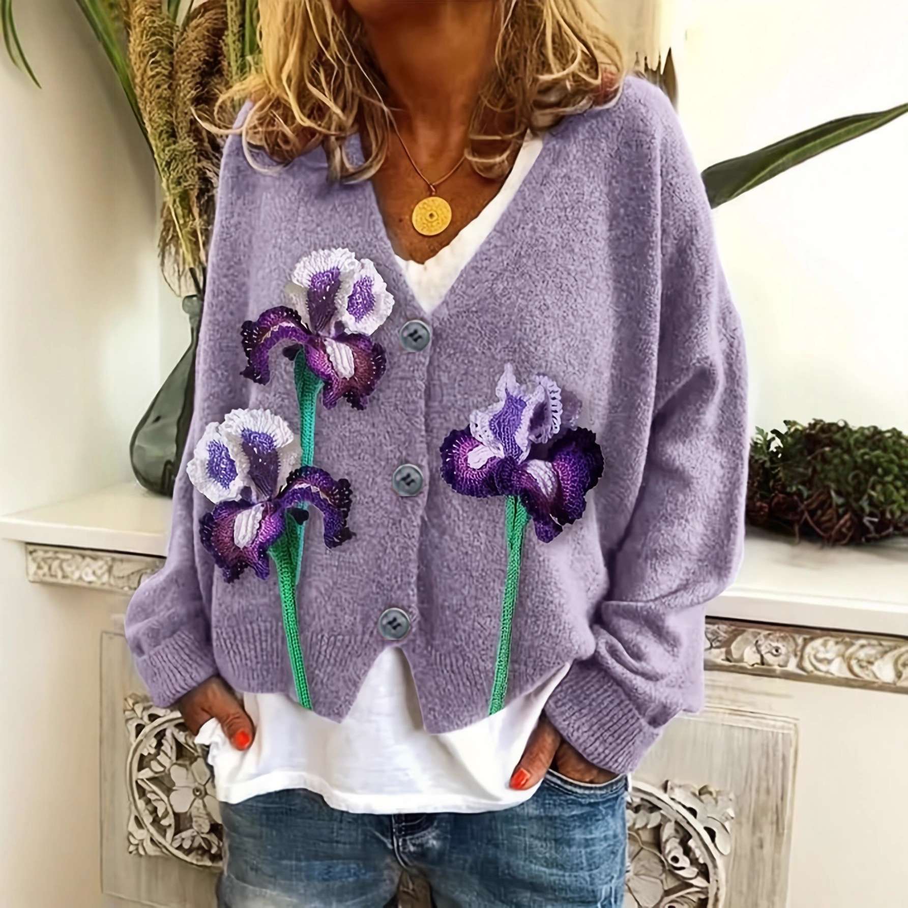 Cardigan with Embroidered  Flowers - L, Purple image