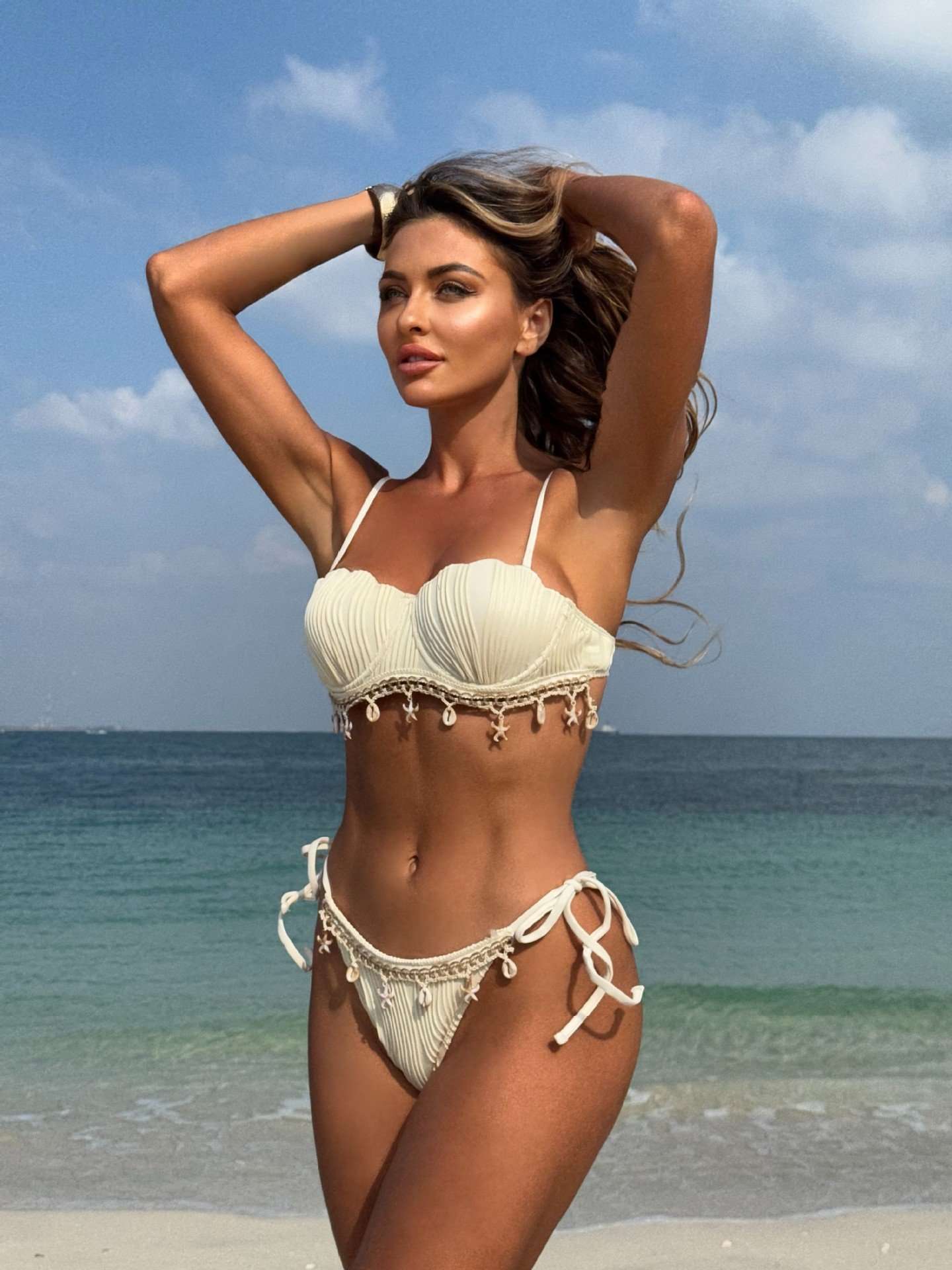 White Shell-Embellished Bikini Set - S, Beige image