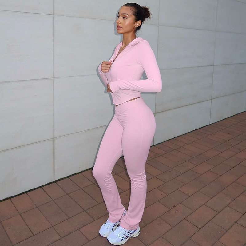 Plain Zipper Hooded Jacket Pant Sets - S, Pale Mauve Pink image