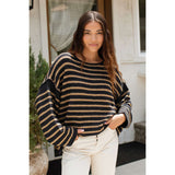 Striped Loose Bat Long Sleeve Sweater - S, Multi Brown image