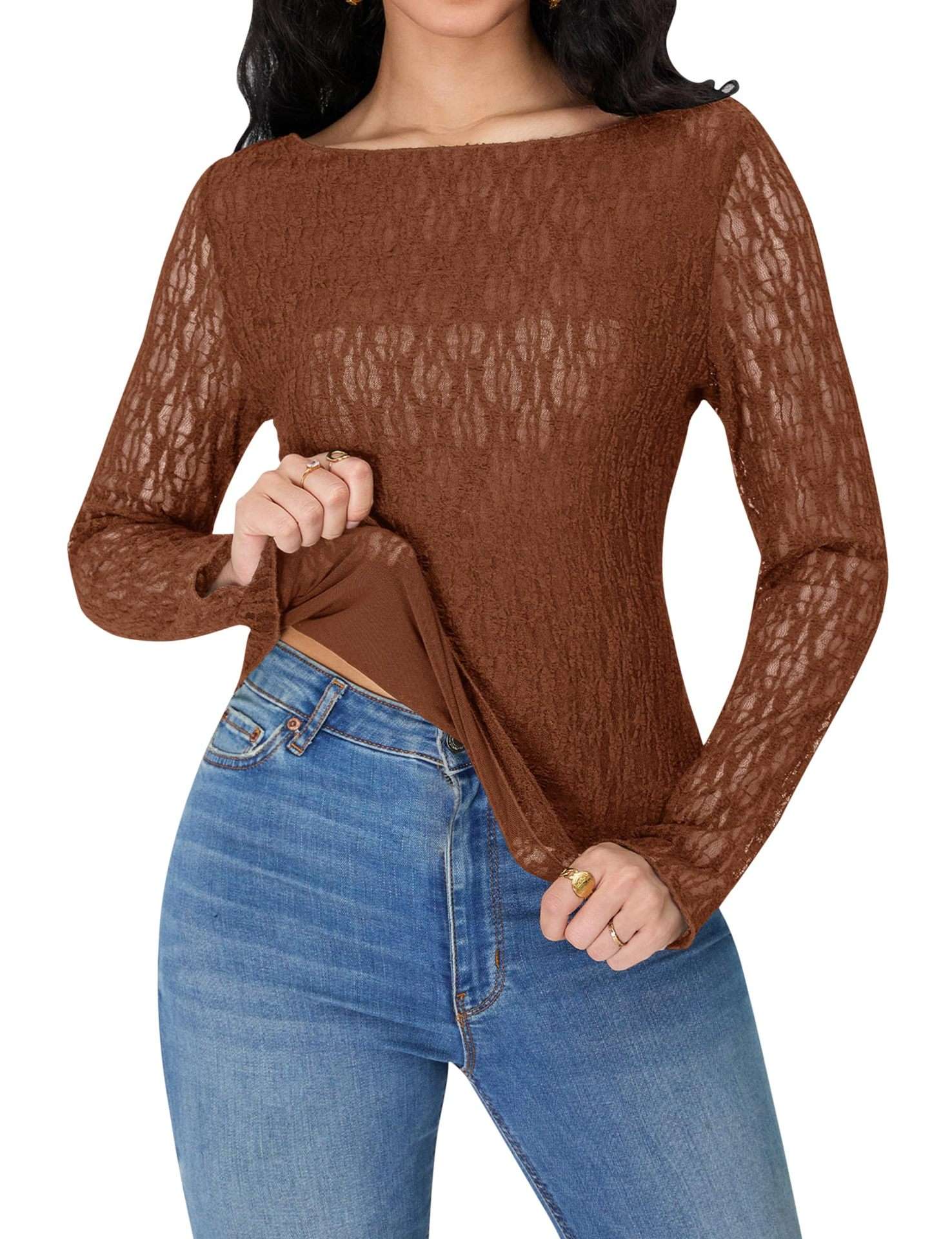 Lace Long-Sleeve Top with Sheer Detailing - L, Brown image