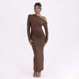 Asymmetrical Neck Ruched  Shimmery Maxi Dress - S, Brown image