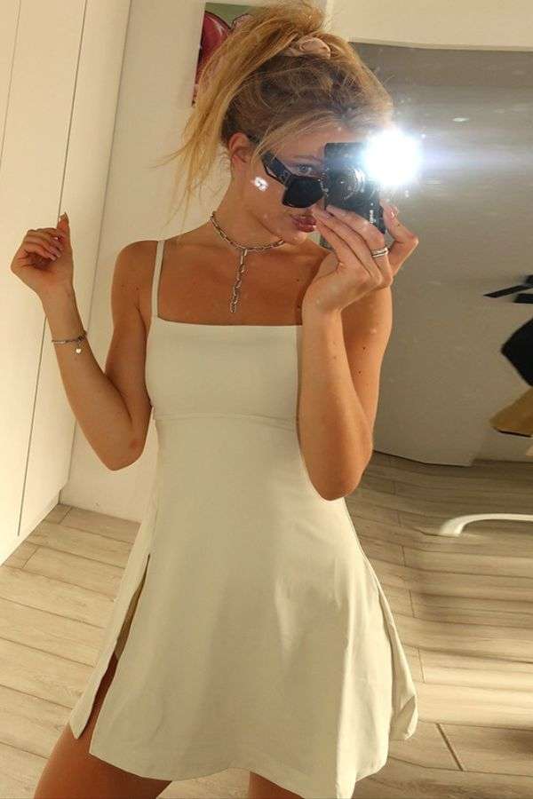 Spaghetti Strap Fit-and-Flare Dress - S, Light Beige image