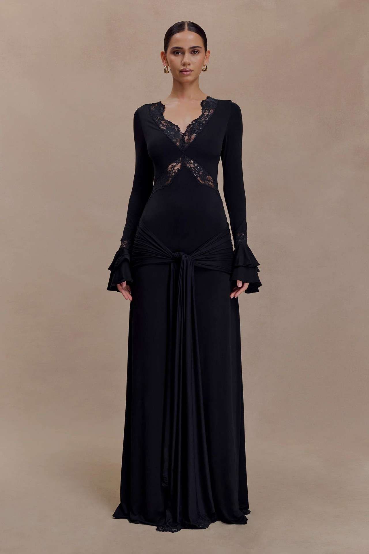 Lace-Accented Evening Gown - S, Black image