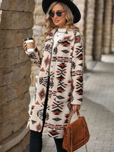 Geometric Pocketed Dropped Shoulder Coat - M, Multi Beige image