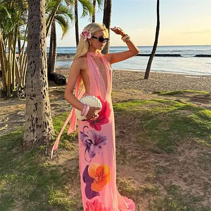 Floral Maxi Dress with Halter Neck - S, Pink image