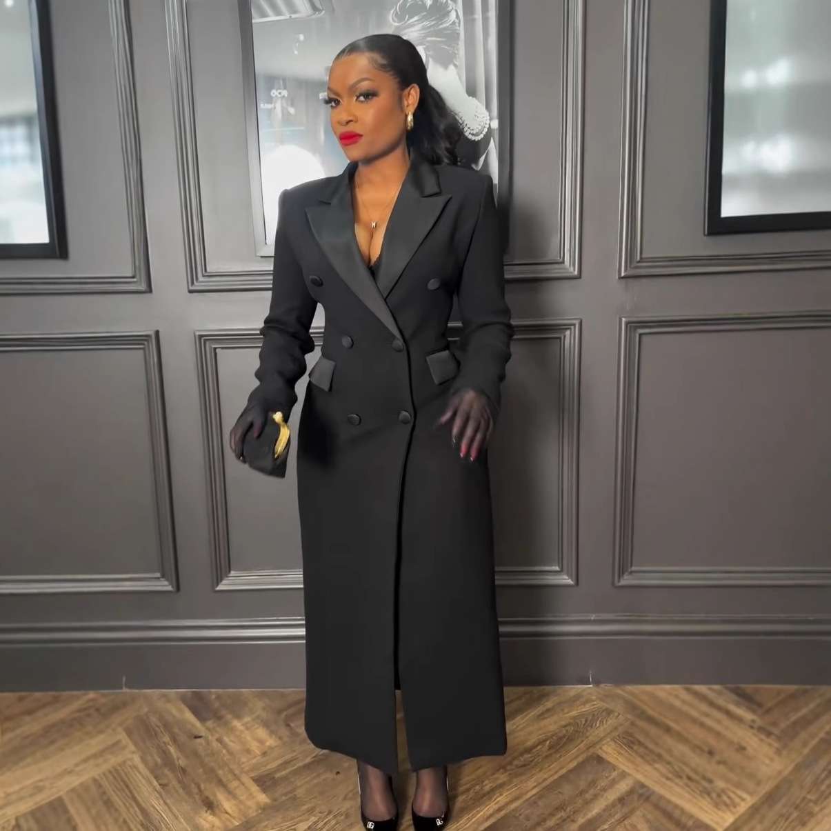 Elegant Black Double-Breasted Long Coat - S, Black image