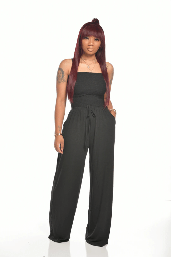 Women's Casual Off Shoulder Solid Color Strapless Belted Wide Leg Jumpsuit Romper with Pockets image 1