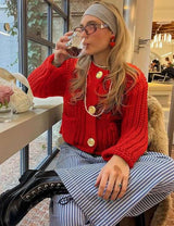 Chunky Knit Cardigan with Gold Buttons - L, Red image