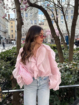 Elegant Ruffled Sheer Blouse - M, Pink image