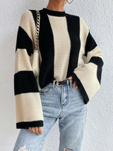 Oversized Striped Knit Sweater - L, Beige image