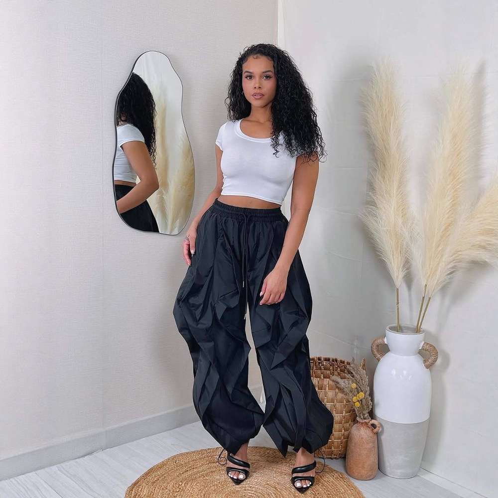 Ruffled Cargo Pants with Drawstring Hem - M, Light Grey image