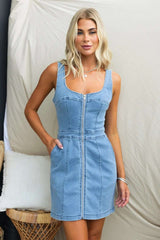 Front-Zip Sleeveless Denim Mini Dress - S, Light Blue image