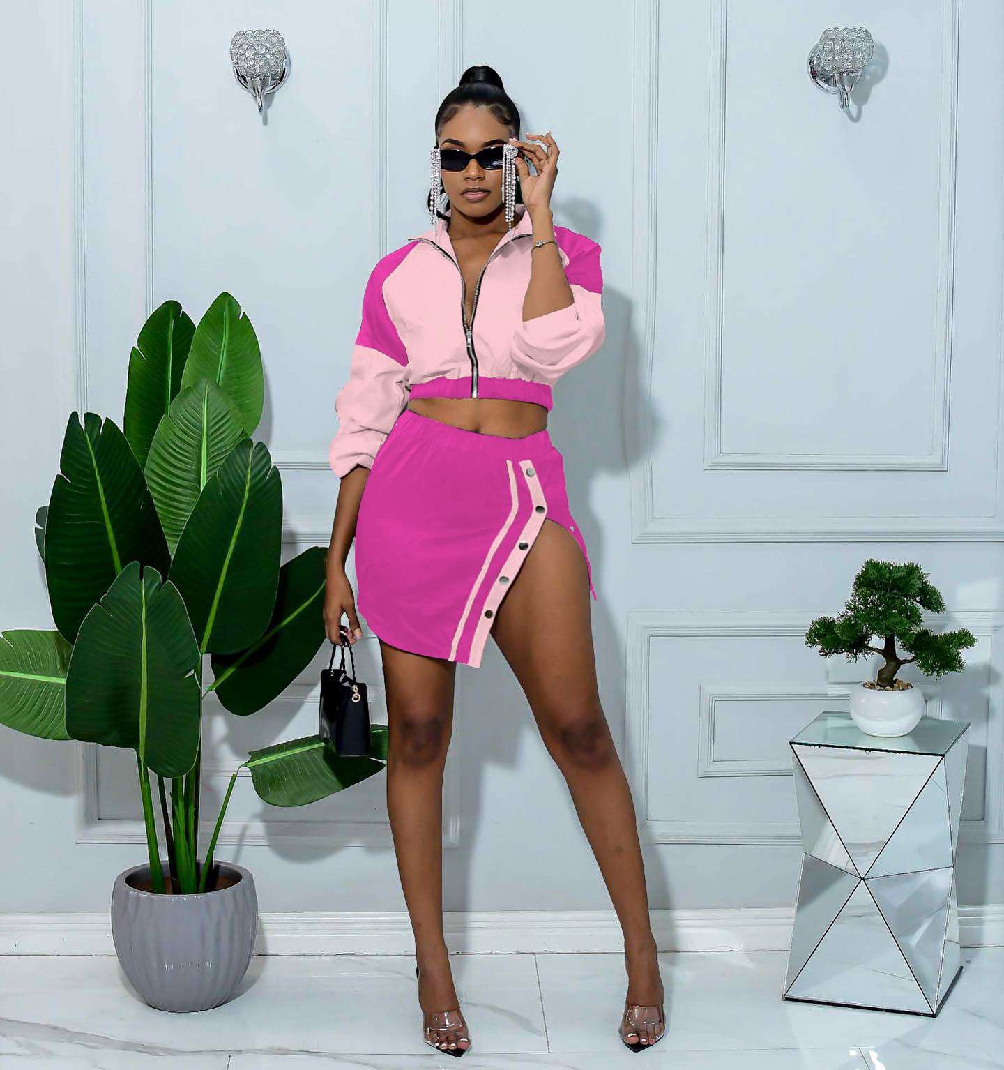 Color Matching Long Sleeve Zipper Crop Skirt Set - M, Pink image