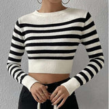 Striped Round Neck Crop Sweater - S, Multi Black image