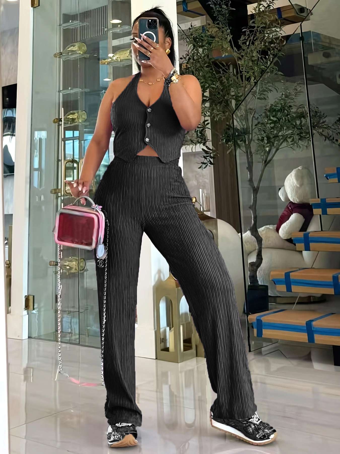 Ribbed Two-Piece Set with Button Details image 3