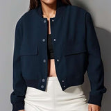 Casual Stand-Collar Button Jacket - S, Deep Blue image