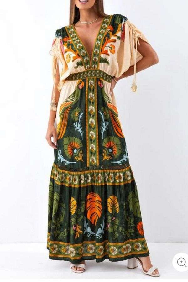 Deep V-Neck Maxi Dress - S, Multi Green image