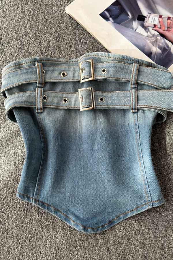 Sexy Off Shoulder Belt Detail Gradient Denim Crop Top image 0