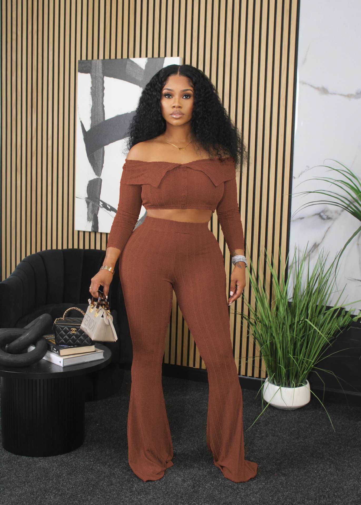 long sleeve ribbed shirt flared pants - L, Gingerbread Brown image