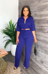 Casual Drawstring Top High Waist Pants Commuting Set - S, Blue image