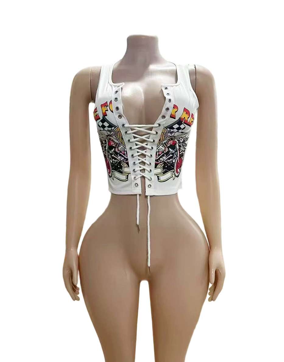 Lace-Up Graphic Print Crop Top - L, White image