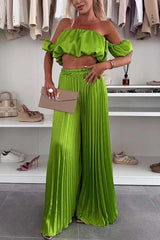 Off-Shoulder Pleated Two-Piece Set - M, Green image