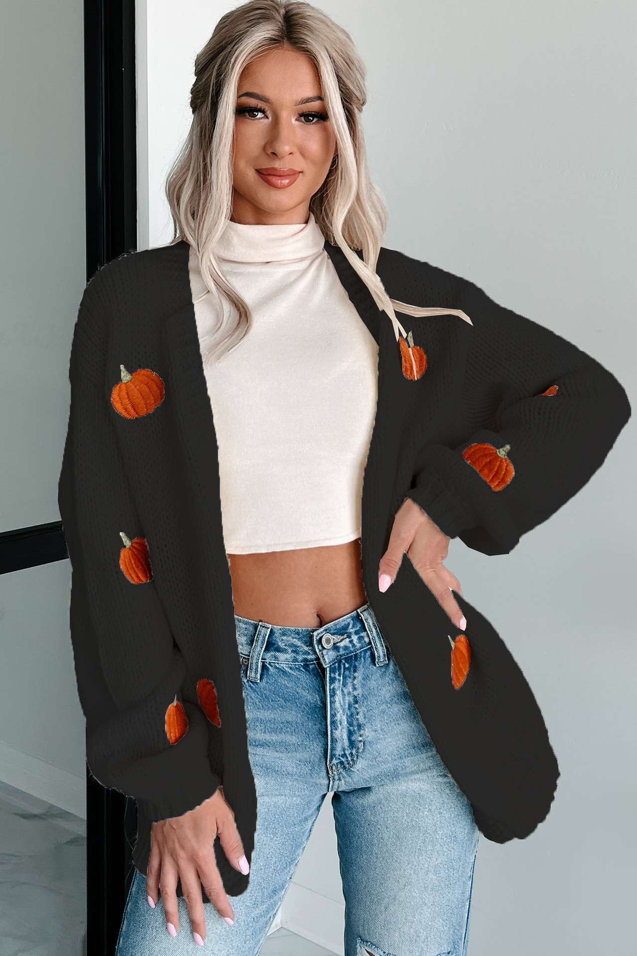 Autumn Pumpkin Print Knit Cardigan - L, Black image