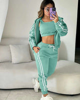 Striped Trim Tank Hooded Pants 3 Piece Sets - M, Green image