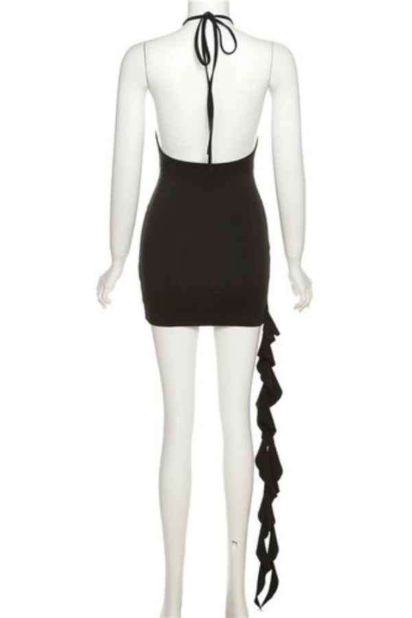 Sexy Halter Neck Ruffled Trim Backless DeepV Mini Dress image 6
