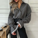 Heart Print Button-Up Top with Lace Trim - S, Grey image