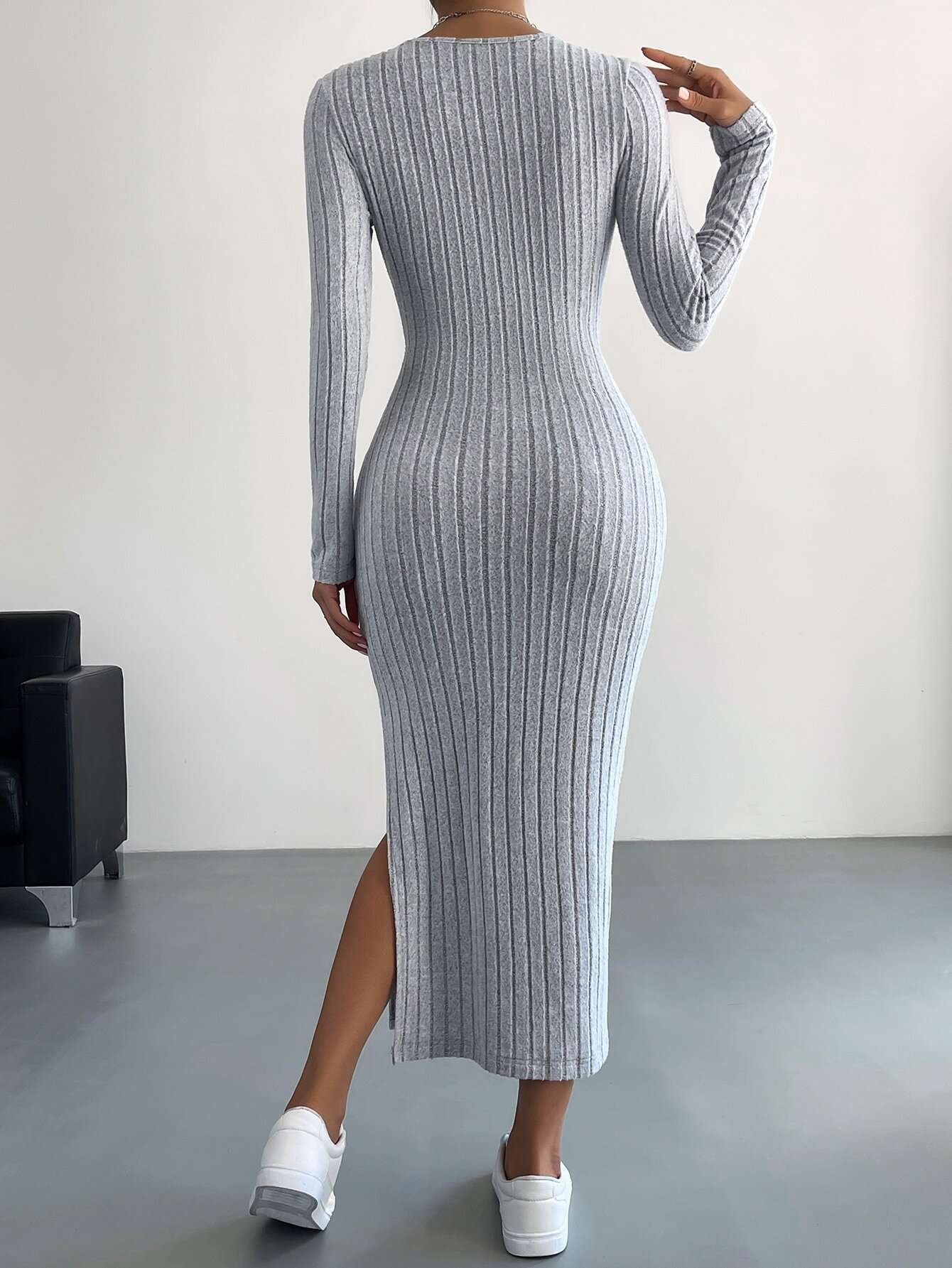 Solid Long Sleeve Bodycon Dress image 3