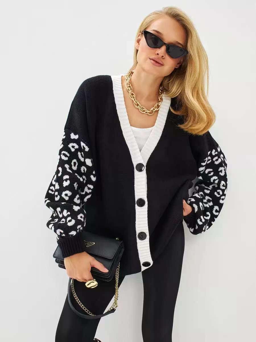Leopard Print Cardigan with  Detail - L, Black image