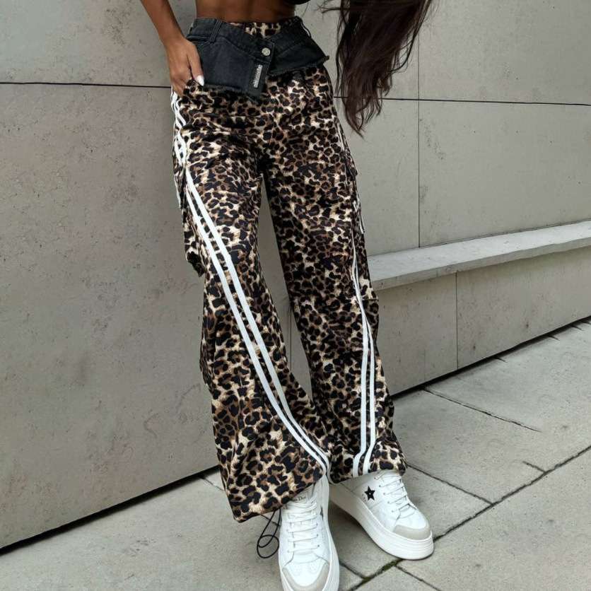 Leopard Print Wide-Leg Cargo Pants with Side Stripes image 3