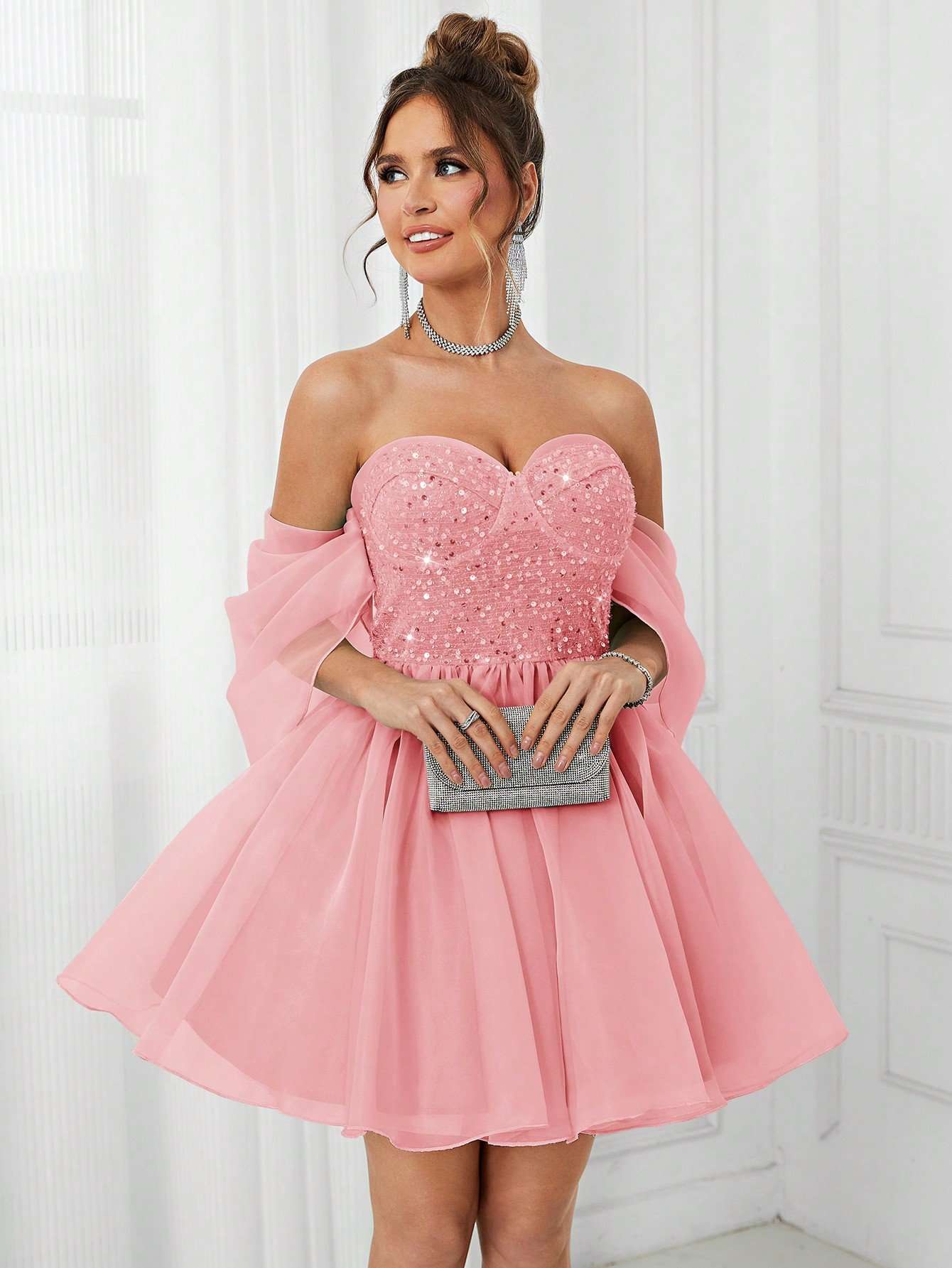 Elegant Off-Shoulder Pink Cocktail Dress image 1