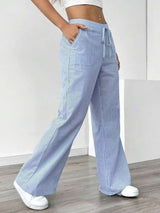 Striped Wide-Leg Drawstring Pajama Pants - L, Blue image