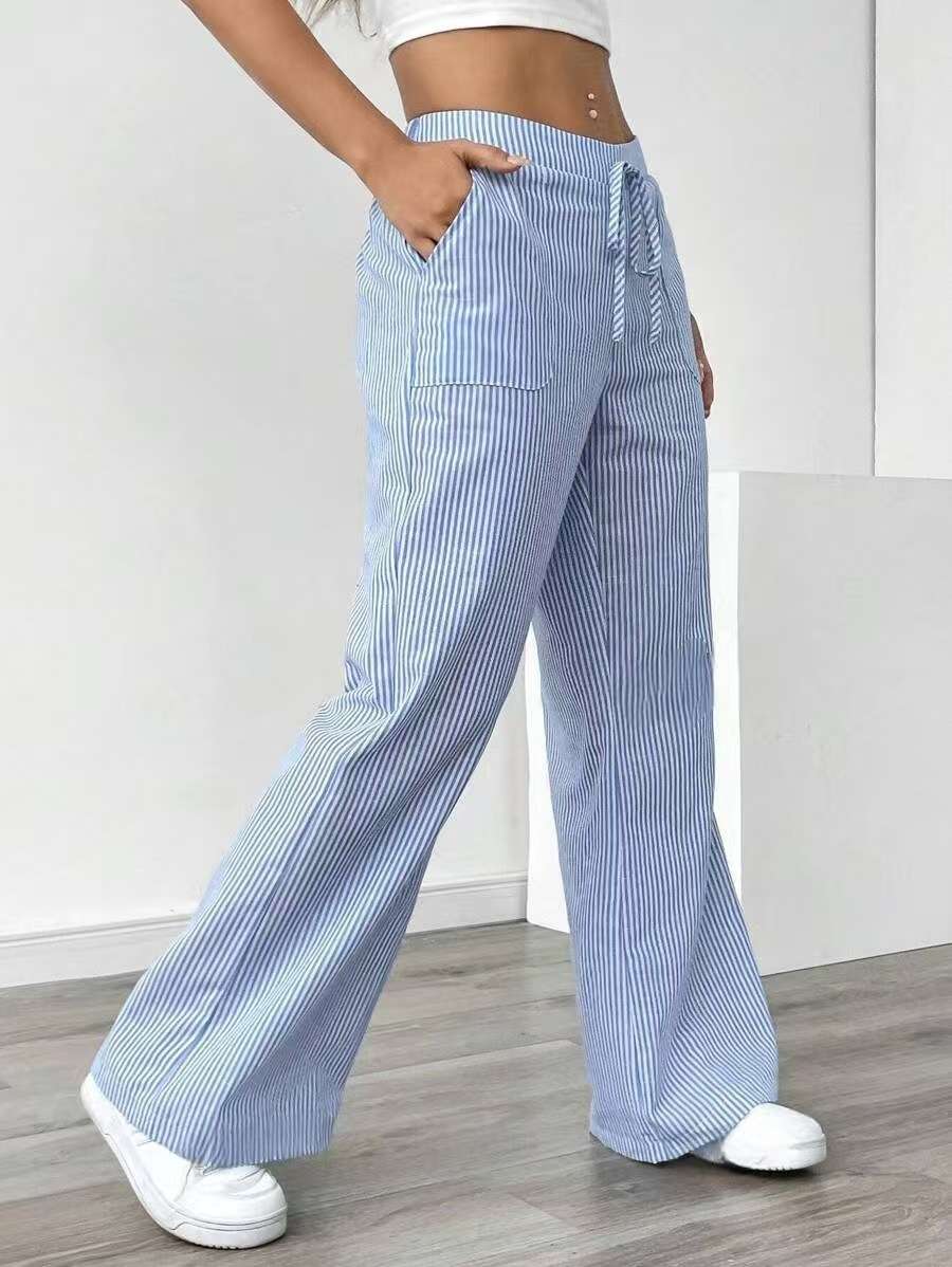 Striped Wide-Leg Drawstring Pajama Pants - S, Blue image