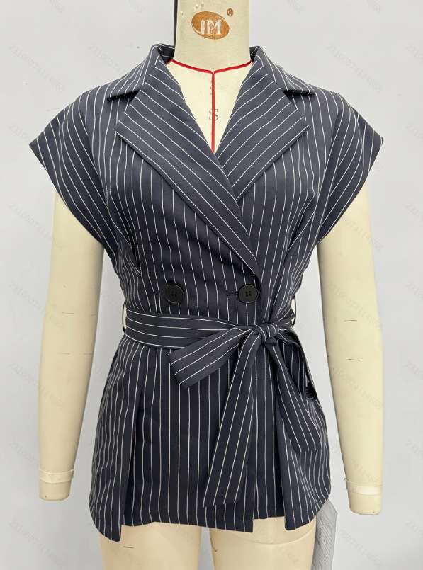 Pinstripe Sleeveless Blazer with Waist Tie image 2