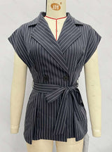 Pinstripe Sleeveless Blazer with Waist Tie image 2