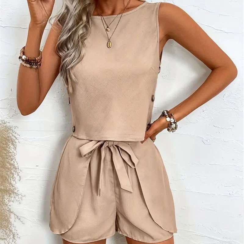 Two-Piece Crop Top and Shorts Set - S, Beige image