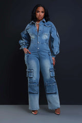 Denim Cargo Jumpsuit - L, Blue image