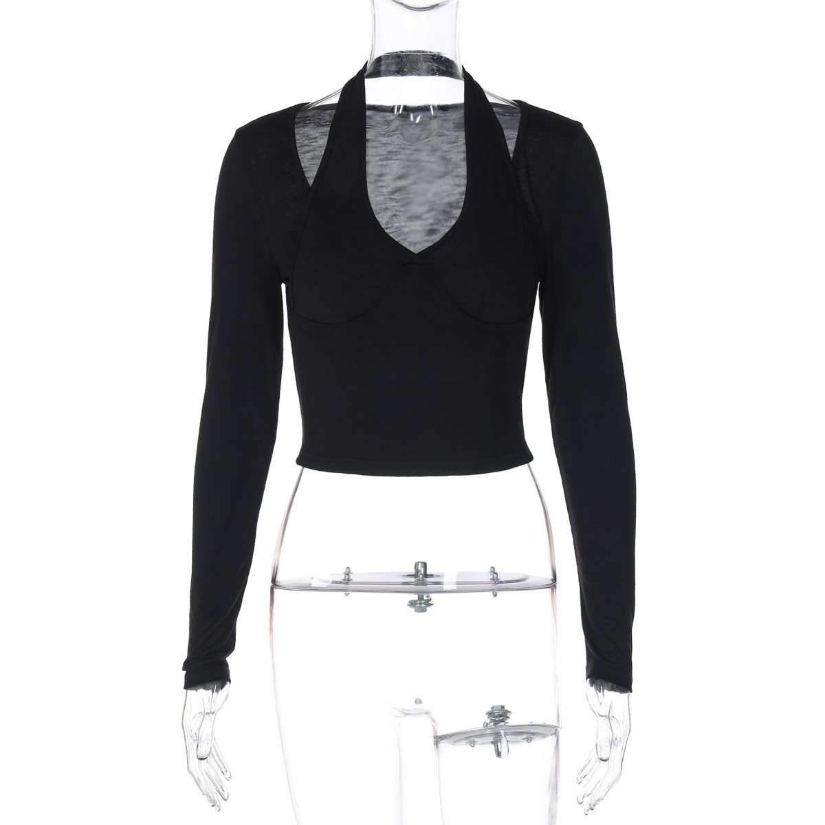 Halter Layered Long-Sleeve Crop Top image 4