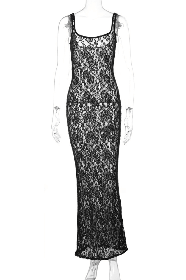 One-line Collar See-through Lace Slim Suspender Dress image 4