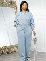 Loose V Neck Sweatshirt & Pants Set - L, Light Blue image