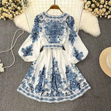Boho Chic Blue and White Print Belted Dress image 3