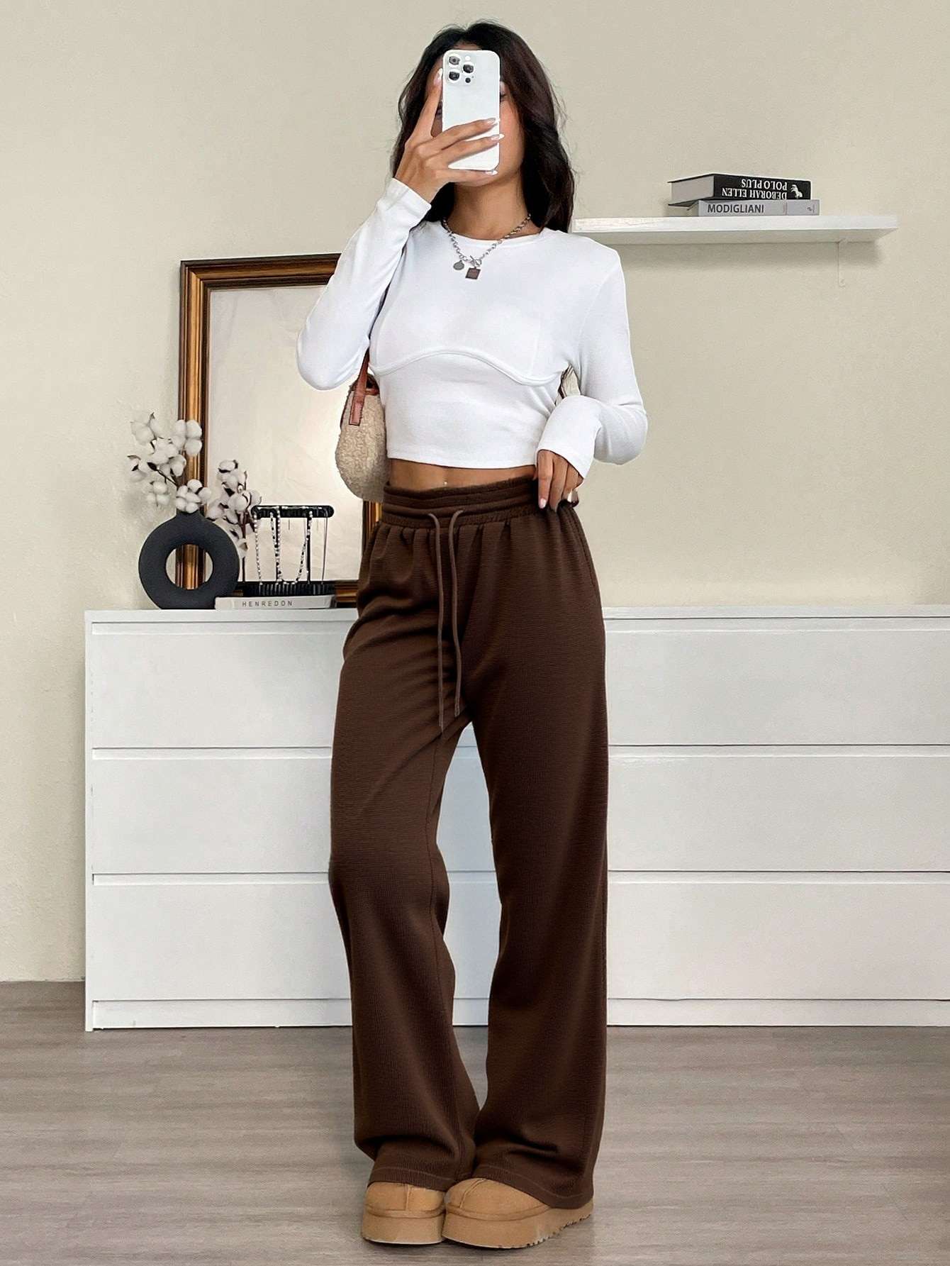 Brown Drawstring Casual Pants - L, Brown image