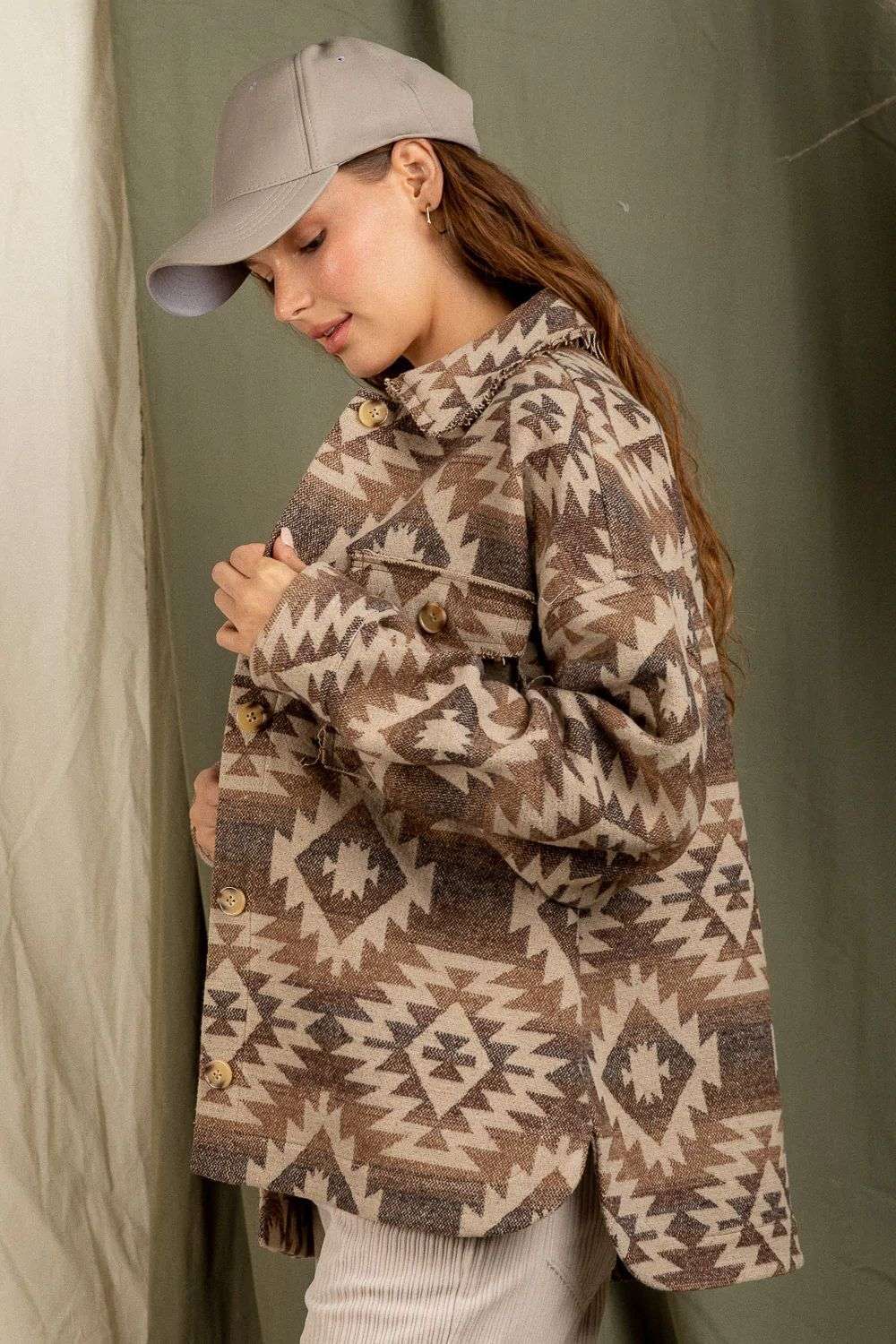 Vintage Inspired Shirt Jacket Coat - XL, Multi Beige image